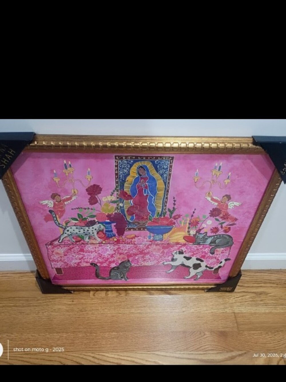 Sapna Shah Pink Cats Virgin Mary table gold frame Wall Art